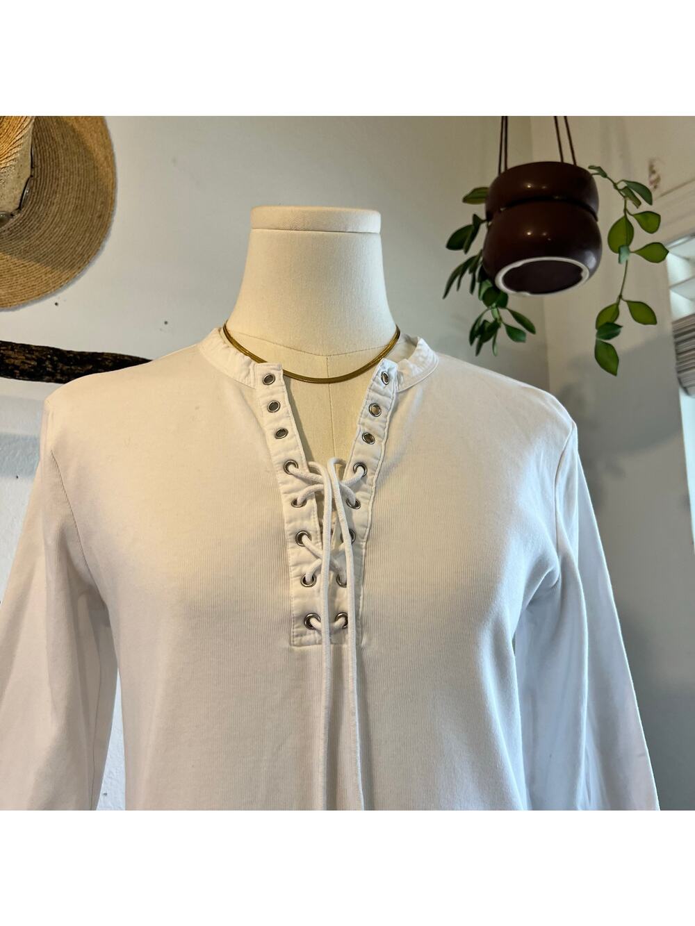 Ralph Lauren White Ribbed Lace Up Western Long Sleeve Cotton Top Size Medium